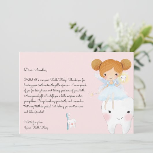 Letter from Tooth Fairy Blush Pink Girl Card Einladung (Stehend Vorderseite)