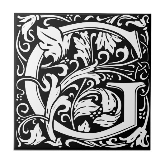 Letter G Art Nouveau Schwarz/Weiß Tile Fliese (Vorderseite)