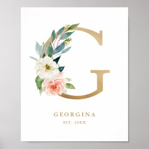 Letter G Blush Floral Monogram Gold Foil Kinderzim Poster