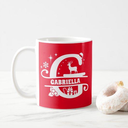 Letter G Christmas Monogram, Anfangsname Rot Kaffeetasse (Mit Donut)