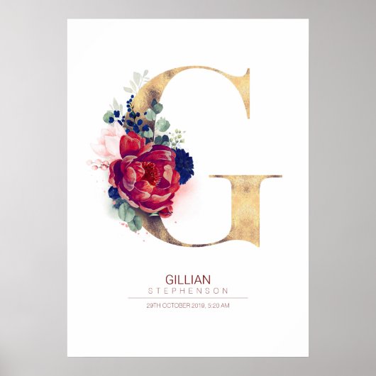 Letter G Monogram Floral Navy Blue und Burgundy Poster (Vorne)