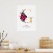 Letter G Monogram Floral Navy Blue und Burgundy Poster (Küche)