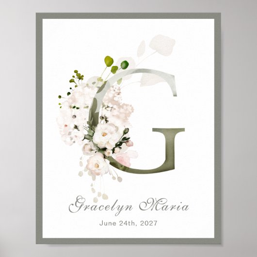 Letter G Monogram Pink White Floral Kinderzimmer Poster (Vorne)