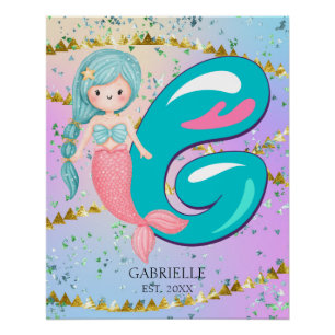Letter G Monogram Watercolor Niedlich Mermaid Kind Poster