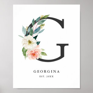 Letter G Monogram Watercolor Peach Florals Kinderz Poster