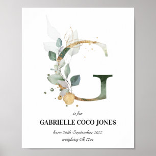 Letter G New Baby Monogram Birth Print Greenery Poster