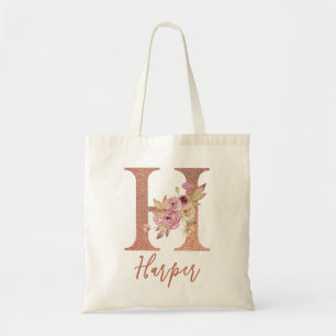 Letter H Blush Rosa Glitzer Floral Monogram Tragetasche