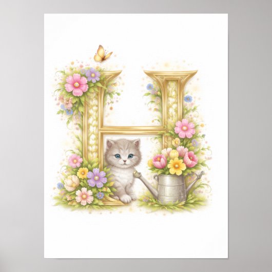 Letter H Gold Spring Nature Monogram Kitten Kids  Poster (Vorne)
