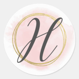 Letter H Monogram Blush Pink Watercolor Gold Chic Runder Aufkleber