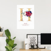 Letter H Monogram Floral Navy Blue und Burgundy Poster (Heimbüro)