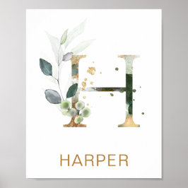 Letter H Monogram Green & gold foliing Kinderzimme Poster