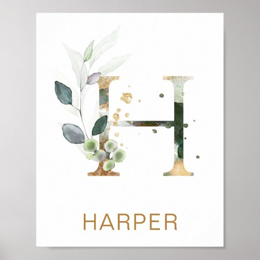 Letter H Monogram Green & gold foliing Kinderzimme Poster (Vorne)
