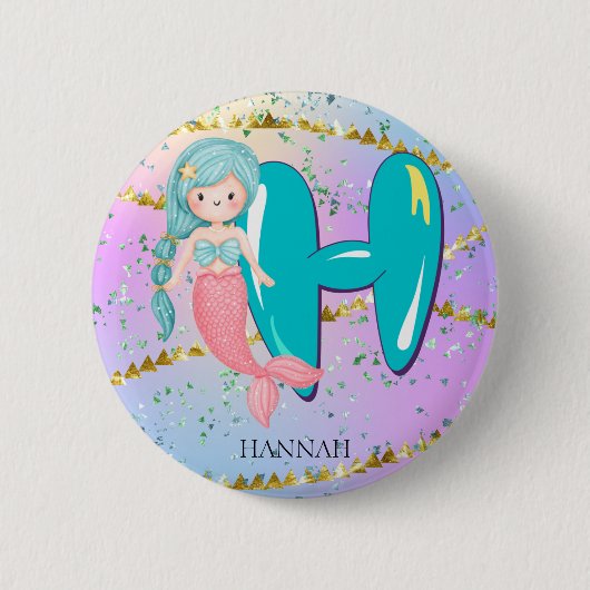 Letter H Monogram Watercolor Niedlich Mermaid Kind Button (Vorderseite)