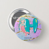 Letter H Monogram Watercolor Niedlich Mermaid Kind Button (Vorne & Hinten)