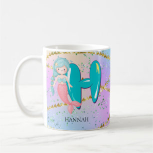 Letter H Monogram Watercolor Niedlich Mermaid Kind Kaffeetasse