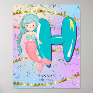 Letter H Monogram Watercolor Niedlich Mermaid Kind Poster
