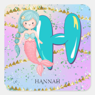Letter H Monogram Watercolor Niedlich Mermaid Kind Quadratischer Aufkleber