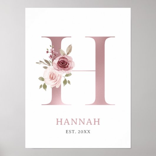 Letter H Monogram Watercolor Rose Florals Kinderzi Poster (Vorne)