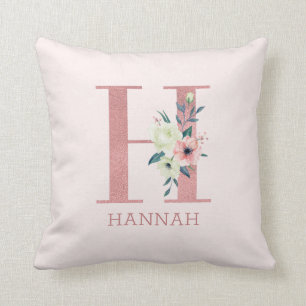 Letter H Pink Watercolor Floral Monogram Kinderzim Kissen