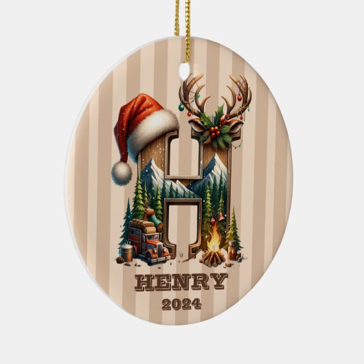 Letter H Rustic Holiday Monogram mit Camper Scene Keramik Ornament (Rechts)