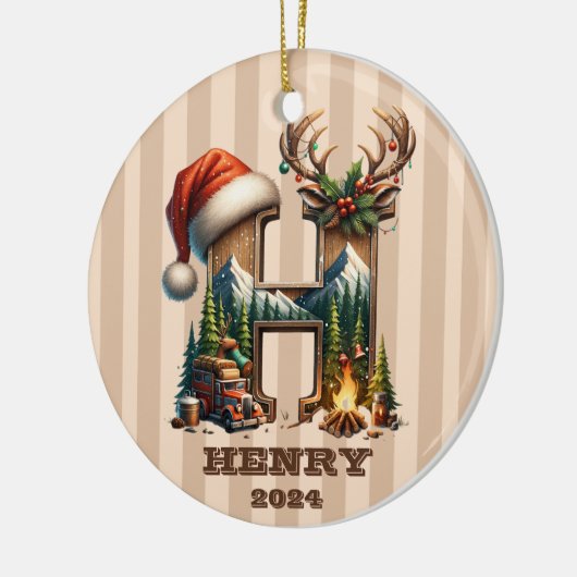 Letter H Rustic Holiday Monogram mit Camper Scene Keramik Ornament (Links)