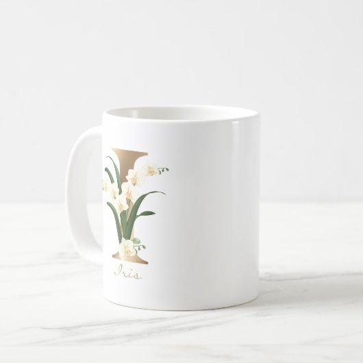 Letter I Gold Monogram | Weiße Orchideen Kaffeetasse (Vorderseite Links)