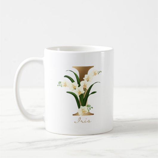 Letter I Gold Monogram | Weiße Orchideen Kaffeetasse (Links)