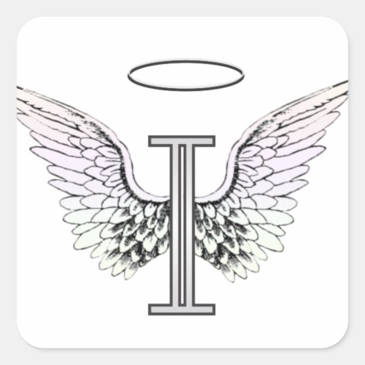 Letter I Initial Monogram mit Angel Wings & Halo Quadratischer Aufkleber (Vorderseite)
