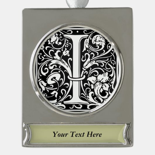 Letter I Medival Monogram Art Nouveau Banner-Ornament Silber (Vorderseite)
