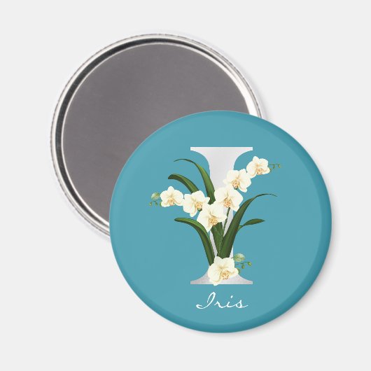 Letter I Metallic White Monogram Orchids | Name Magnet (Vorderseite/Rückseite)