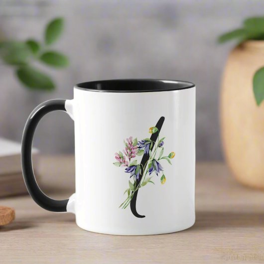 Letter " I " Mit Monogramm Black Script Floral Tasse