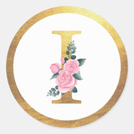 Letter I Monogram Roses Floral & Elegant Gold Runder Aufkleber