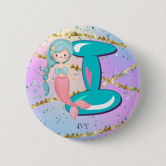 Letter I Monogram Watercolor Niedlich Mermaid Kind Button (Vorderseite)