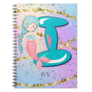 Letter I Monogram Watercolor Niedlich Mermaid Kind Notizblock