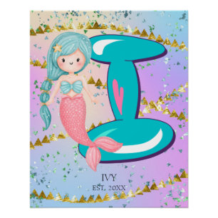 Letter I Monogram Watercolor Niedlich Mermaid Kind Poster