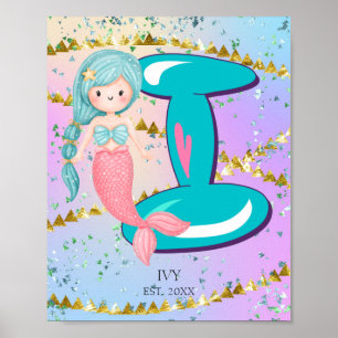 Letter I Monogram Watercolor Niedlich Mermaid Kind Poster