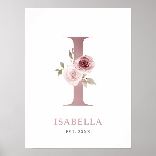 Letter I Monogram Watercolor Rose Florals Kinderzi Poster (Vorne)