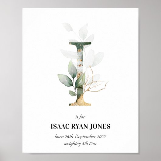 Letter I New Baby Monogram Birth Print Greenery Poster (Vorne)