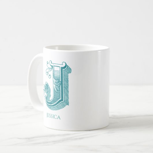 Letter J Aquamarin Monogram Modern Name Coffee Tas Kaffeetasse (Vorderseite Links)