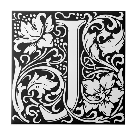 Letter J art nouveau schwarz-weiß Tile Fliese (Vorderseite)