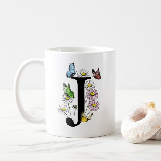 Letter J Botanic Watercolor Butterfly Monogram Kaffeetasse (Mit Donut)