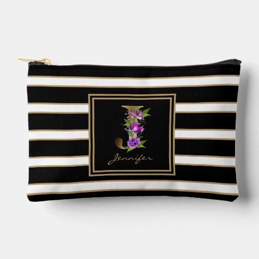 Letter J Floral Monogram Schwarz-weiße Streifen Zubehörtasche (Vorderseite)