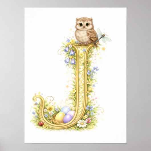 Letter J Gold Spring Nature Monogram Owl Kids  Poster (Vorne)