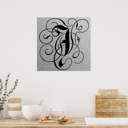 Letter J, Gothic Monogram Black Poster (Küche)