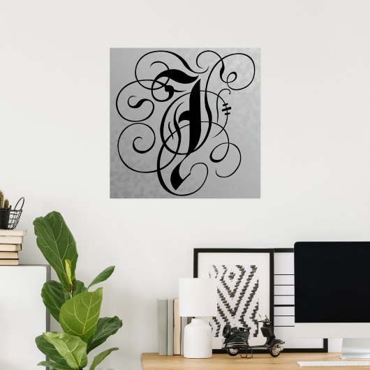 Letter J, Gothic Monogram Black Poster (Heimbüro)