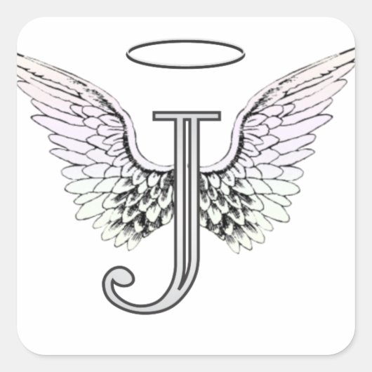 Letter J Initial Monogram mit Angel Wings & Halo Quadratischer Aufkleber (Vorderseite)