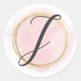 Letter J Monogram Blush Pink Watercolor Gold Chic Runder Aufkleber