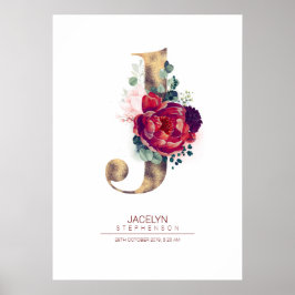 Letter J Monogram Floral Burgundy Red und Gold Poster