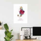 Letter J Monogram Floral Burgundy Red und Gold Poster (Heimbüro)