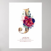 Letter J Monogram Floral Navy Blue und Burgundy Poster (Vorne)